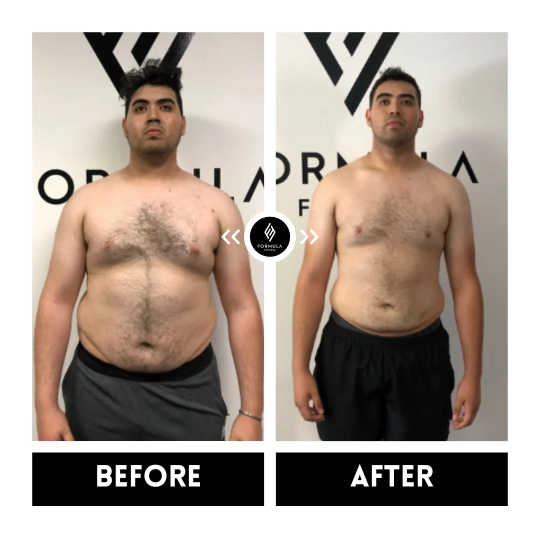 Side-by-side comparison of one Formula Fitness community member, front view, labeled BEFORE on the left and AFTER on the right.